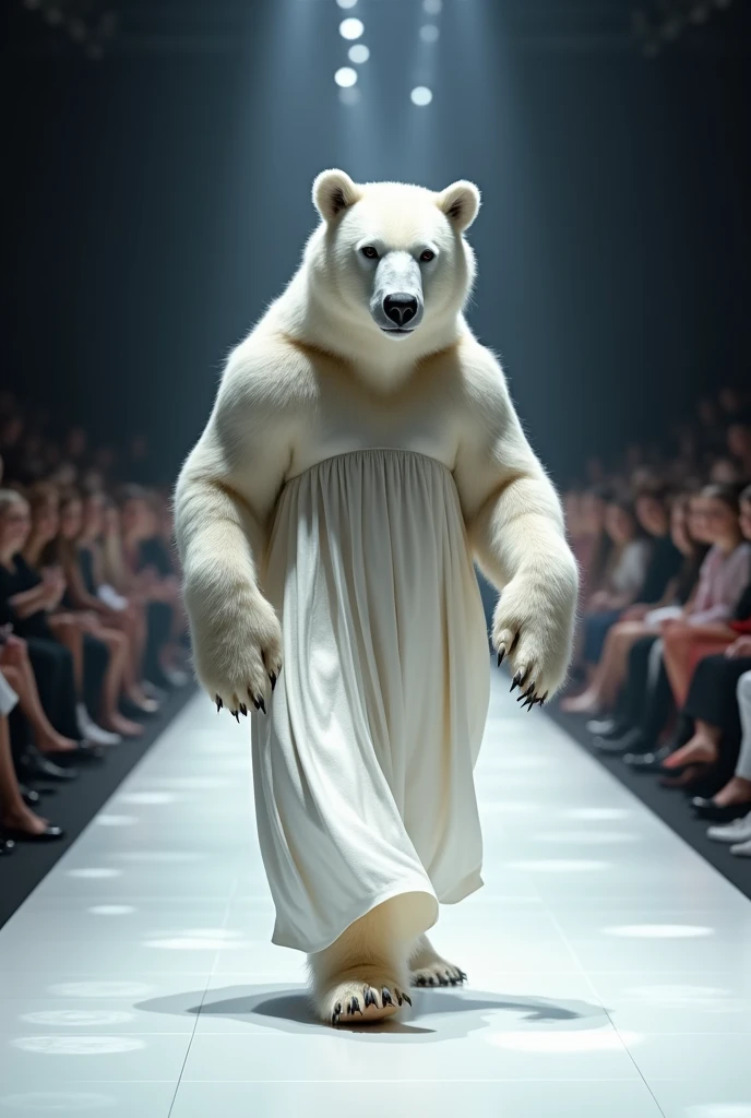 A beautiful white bear wearing maxi cloth walking down the runaway at a fashion show,