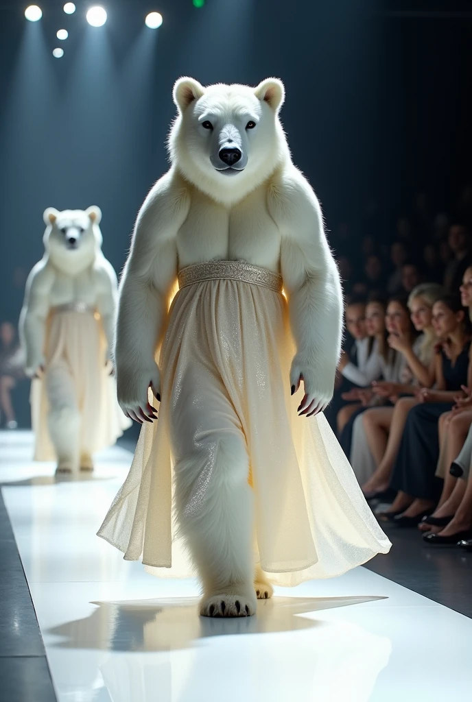 A beautiful white bear wearing maxi cloth walking down the runaway at a fashion show,