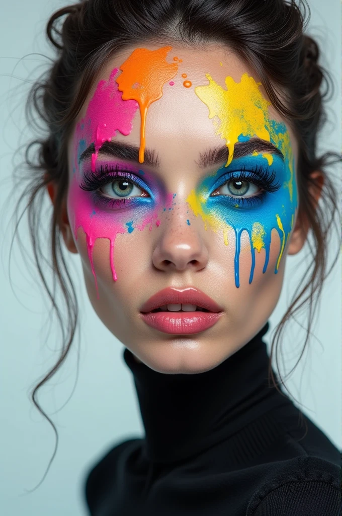 3.A stylized woman's image with vibrant and vivid acrylic makeup, luxury, adorned with splashes of bright acrylic paint that contrast against a monochromatic backdrop. The depiction is hyperrealistic, blending elements of photorealism with a futuristic aesthetic, full hd."