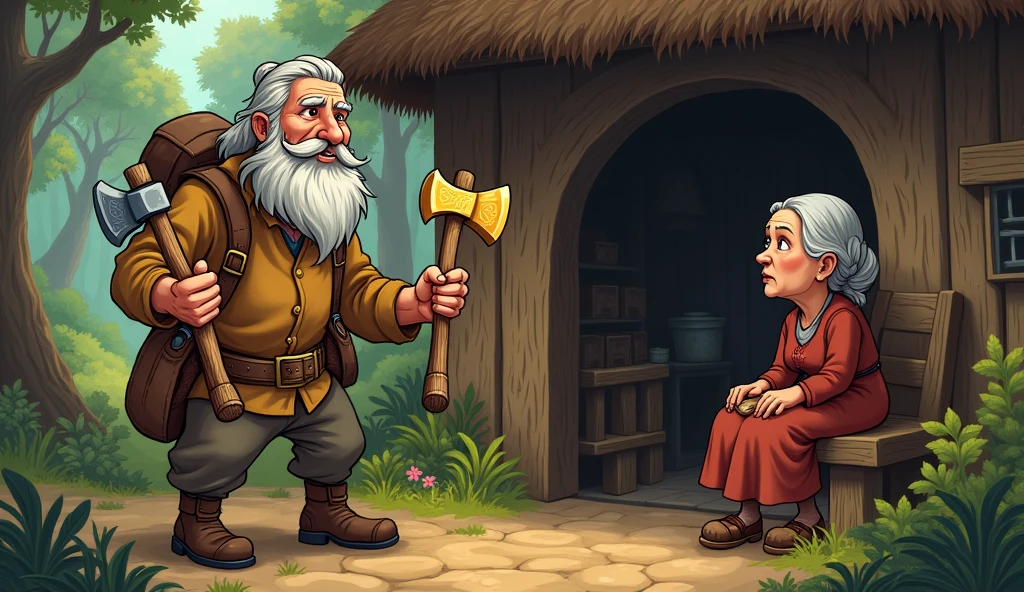  Old woodcutter golden silver iron axes come to your hut room and he telling about axe's see your one old wife cartoon 