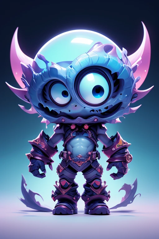 Create a monster image, a small, big-headed, baby monster.. The body is transparent and can be seen through. The image is sharp and detailed., with beautiful colors.. With arms, leg, eyes, mouth, พื้นหลังสีlegว