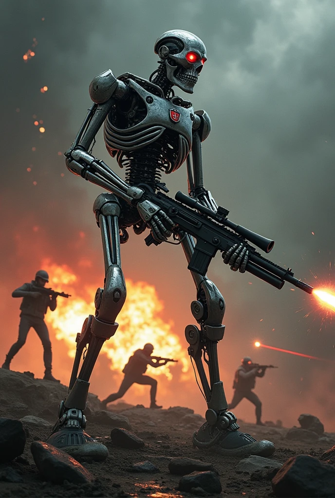 A fierce battle scene from the Terminator universe, featuring the T-800, the iconic skeletal robot with a metallic endoskeleton and glowing red eyes. The T-800 is in the foreground, firing a heavy weapon with precision, its metallic form gleaming amidst the chaos. Surrounding it, other Terminator machines engage in combat, their weapons blazing. Opposing them, human soldiers of the Resistance fight back with determination, taking cover behind debris and ruined structures. The sky is dark and filled with smoke, with explosions and laser fire lighting up the battlefield. The scene captures the brutal struggle between the relentless machines and the desperate human fighters."