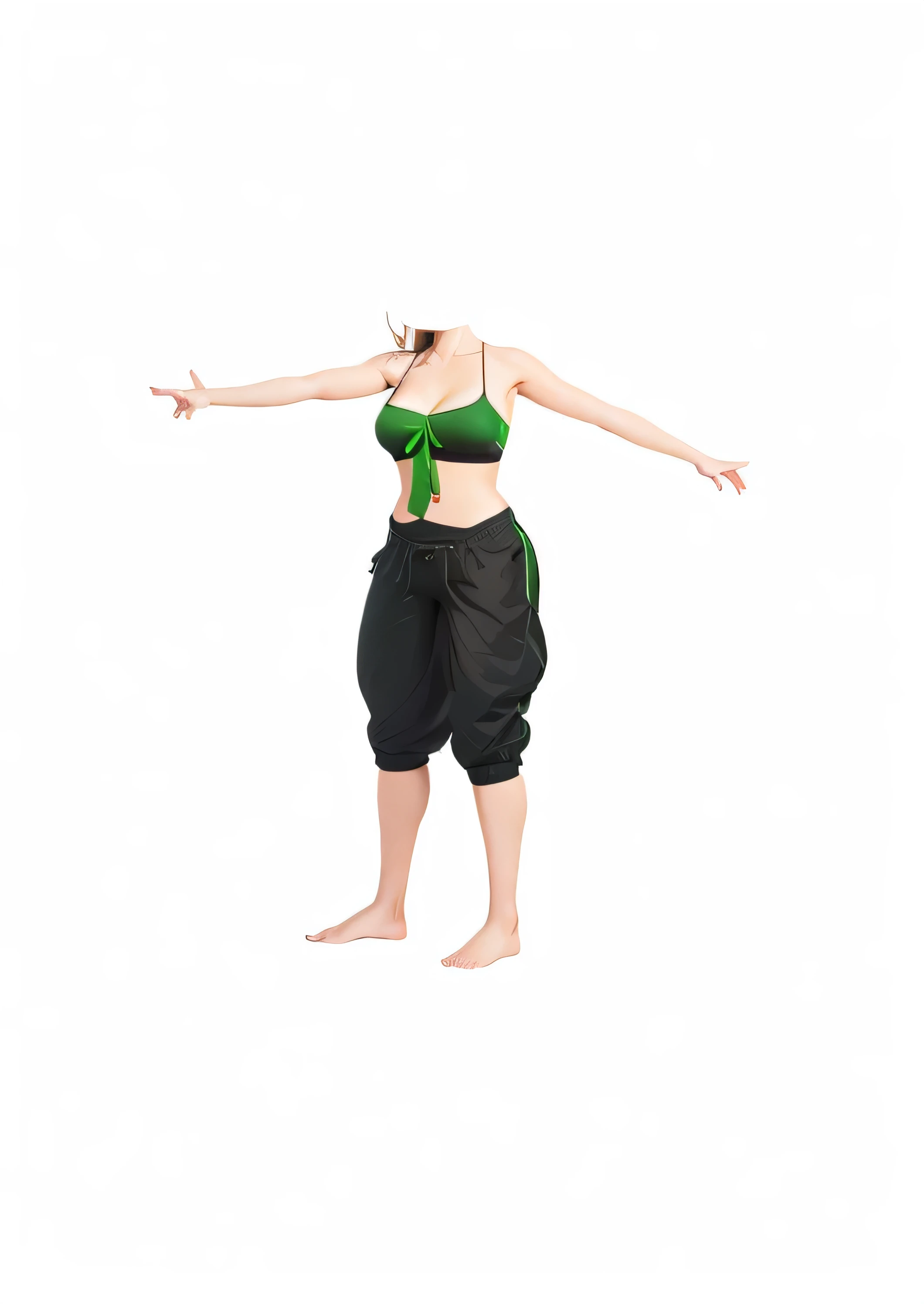there is a woman in a green top and black pants, female outfit, 3 d render of a full female body, fully body pose, render of a cute 3d anime girl, open v chest clothes, female full body, sexy pudica pose gesture, full body with dynamic pose, clothes high detail, dressed with fluent clothes, realistic bikini
