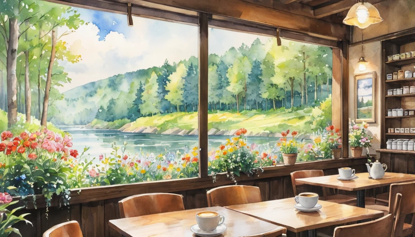 In a coffee shop, outside you can see the forest, the river, the watercolor painting, Ghibli, zoom in on the coffee cup, no people, there are flowers in the shop.