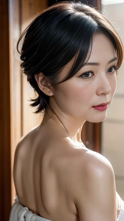 (Very detailed), ((Realistic)), (Better Quality), Very beautiful woman, Highest quality, 8k, masterpiece, Photorealism, practical, 1. Beautiful Japanese Woman, Mature Woman, 4, Delicate skin texture, short hair,Shooting from the side