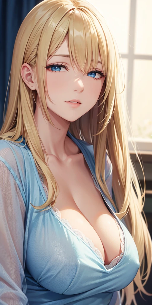 Upper Body, Elegant mature woman, Blonde, blue eyes, Long Hair, bangs, Casual clothing, Cleavage, Soft Light, high quality,Sheer breasts