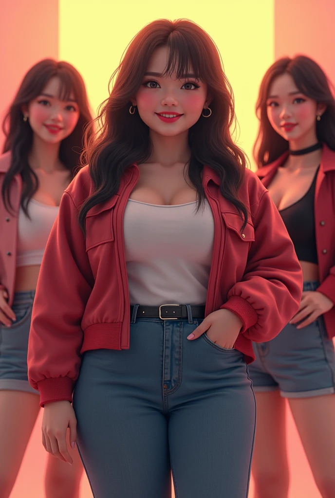 Chubby girl, enhypen in background, realistic