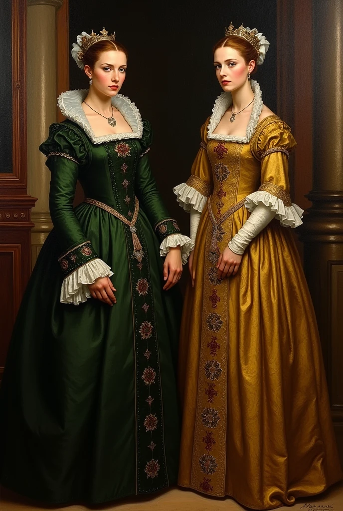 An oil painting of Anne Boleyn wearing a dark green gown standing with queen catherine who is wearing a deep golden gown from the other Boleyn girl