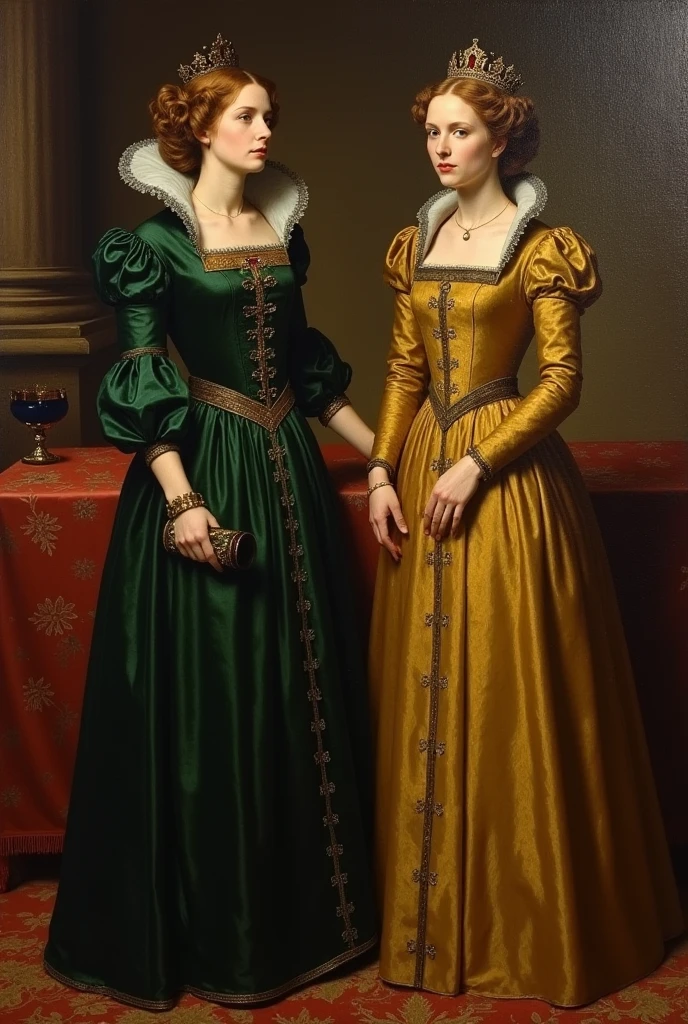 An oil painting of Anne Boleyn wearing a dark green gown standing with queen catherine who is wearing a deep golden gown from the other Boleyn girl
