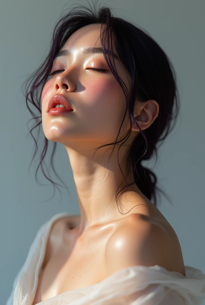 You are a professional photographer.。This is a photo of the work scene..。BREAK,masterpiece、８k、of the highest quality, luz outfit, ultra high resolution, (realist:1.4), RAW Photos,2 、、(student, Light in your eyes), Natural black eyes、Beautiful face in every detail.,(High resolution detail of human skin texture.)、(half naked、beautiful nipples）、（neckline、medium breasts）、（transparency）、、maestro、（Wear a sheer white blouse）、wet skin、wet clothes、standing under the eaves、(portrait)

Imagina una ilustración calidad fotográfica altamente detallada y realist de una mujer de perfil, seen from below. brown skin(cinnamon), with the head slightly tilted downwards.and forward Neck forward, Her skin has a warm, pale tone., with freckles spread across her cheeks and nose. The hair is a dark violet shade, with subtle reflections that capture the light naturally, falling gently on his shoulders. Her lips are a soft pink color, complementing the warm tone of your skin. The eyes, although closed, They project serenity and peace.. bare shoulder, gran neckline, sheer fabric, portrait 8K, side lighting, detailed and elegant. finely detailed eyes, realist, high definition The background has a subtle gradient from light grey to a soft blue, which highlights the figure of the woman and adds a soft and calm atmosphere. The light is diffuse, accentuating the soft shadows on her face and neck, which gives it an additional dimension and enhances the details of its expression and features.