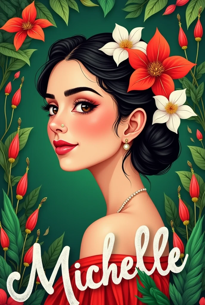 Make me a picture to use as a profile photo that says Michelle with a Mexican theme to use on national holidays, preferably using the colors green, white and red. I want a feminine style. Give me the name CAMPECH, something Mexican.