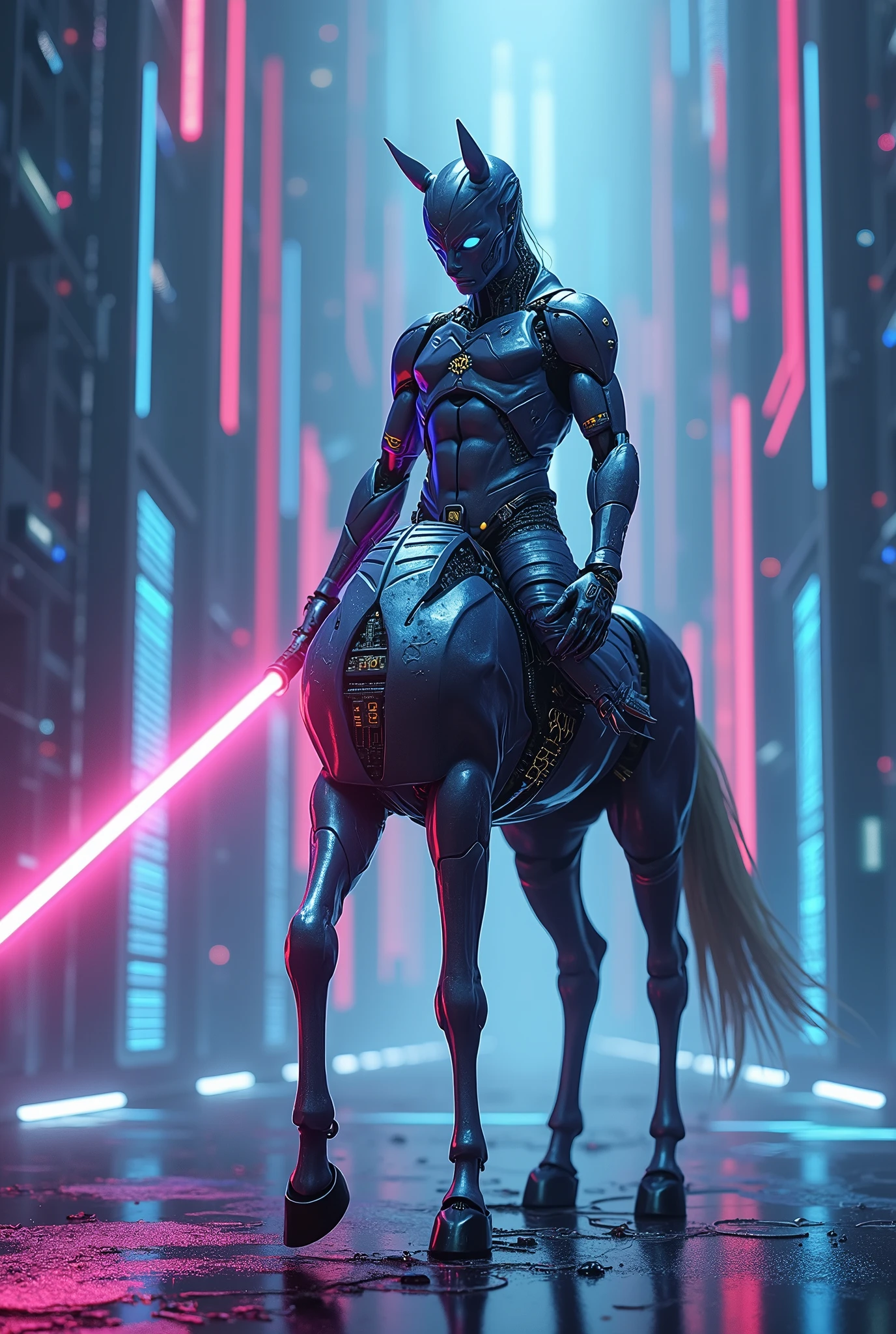 a Centaurs, cyberpunk, lightsabers, neon, digital matrix,