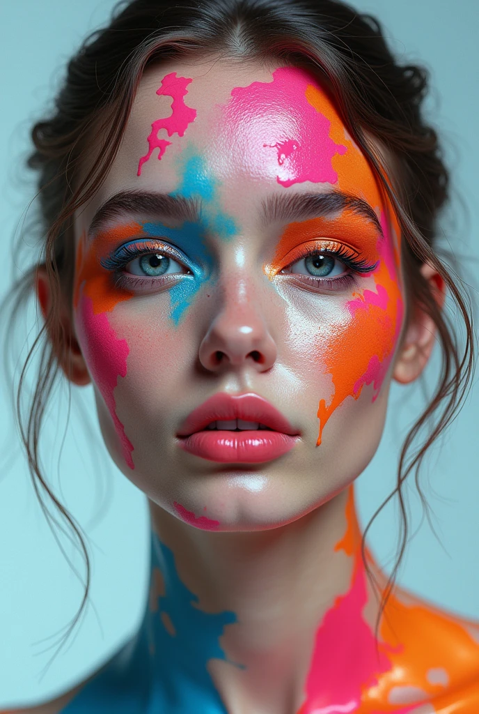 Real photos, SLR camera, Ultra HD, 8K, 16K, High contrast colors, Richard Avedon style portrait of a girl covered in thick oil paint, Jean-Luc Almond style, Classic photography, Vibrant and textured paintings merged to create a dramatic abstract effect, Art photography