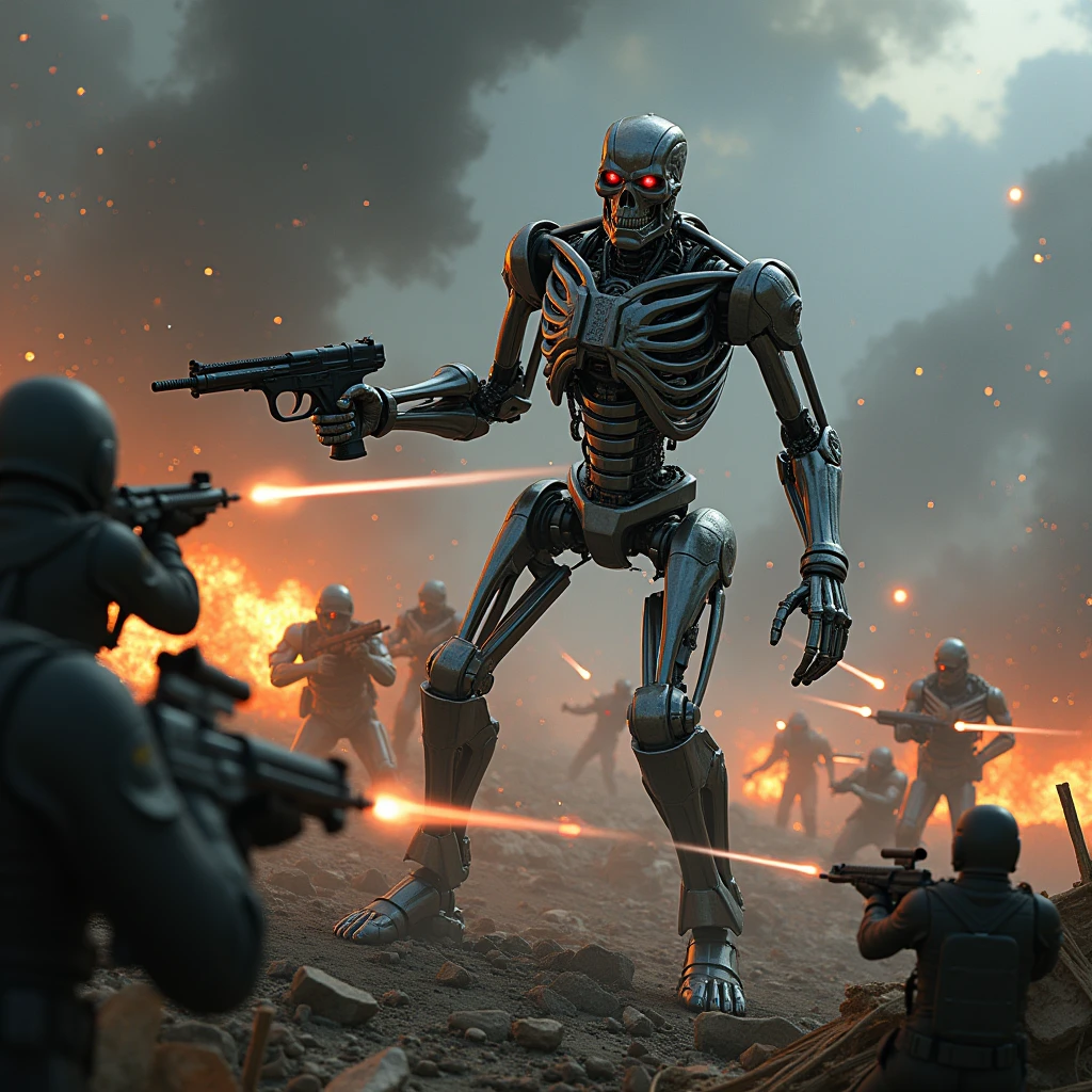 A fierce battle scene from the Terminator universe, featuring the T-800, the iconic skeletal robot with a metallic endoskeleton and glowing red eyes. The T-800 is in the foreground, firing a heavy weapon with precision, its metallic form gleaming amidst the chaos. Surrounding it, other Terminator machines engage in combat, their weapons blazing. Opposing them, human soldiers of the Resistance fight back with determination, taking cover behind debris and ruined structures. The sky is dark and filled with smoke, with explosions and laser fire lighting up the battlefield. The scene captures the brutal struggle between the relentless machines and the desperate human fighters."