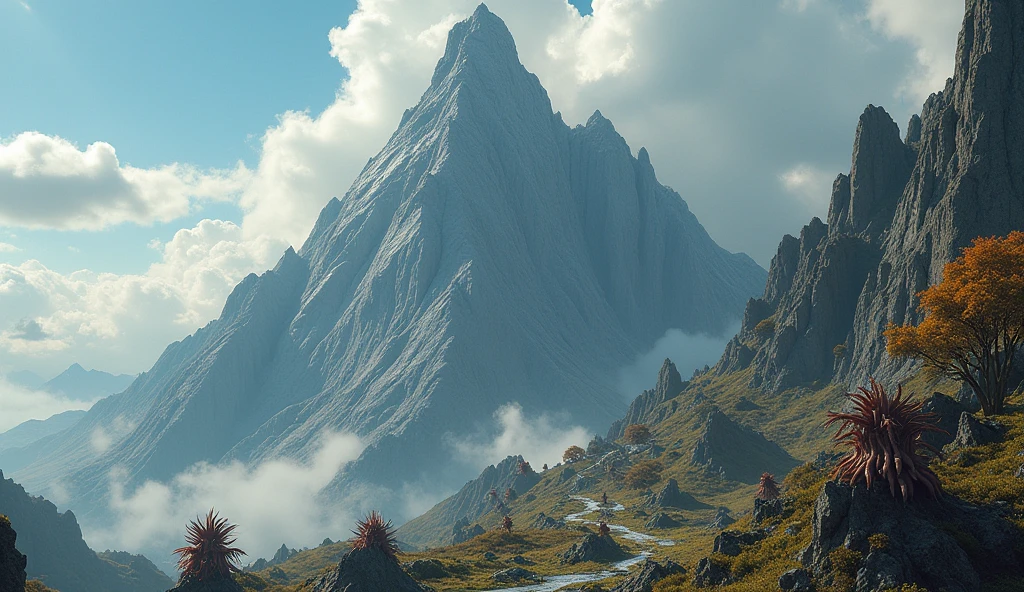 There is a steep mountain,There are all kinds of strange creatures on the mountain(best quality,4K,8k,High level,masterpiece:1.2),Ultra Detailed,(lifelike,Photo real,Photo real:1.37)