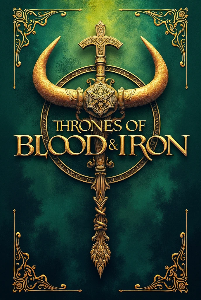 A cover, that has Viking symbols and the text “thrones of blood and iron”. with green background
