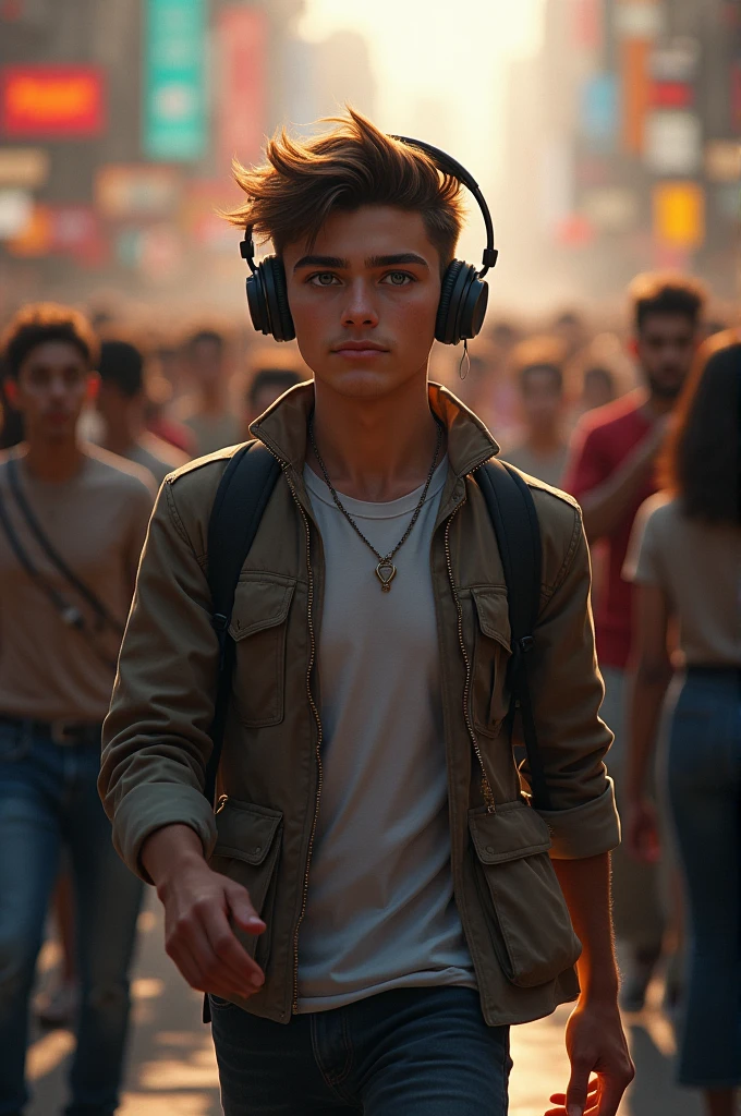 A Handsome adult boy with some motivation walking into a group with headphones on his ear
