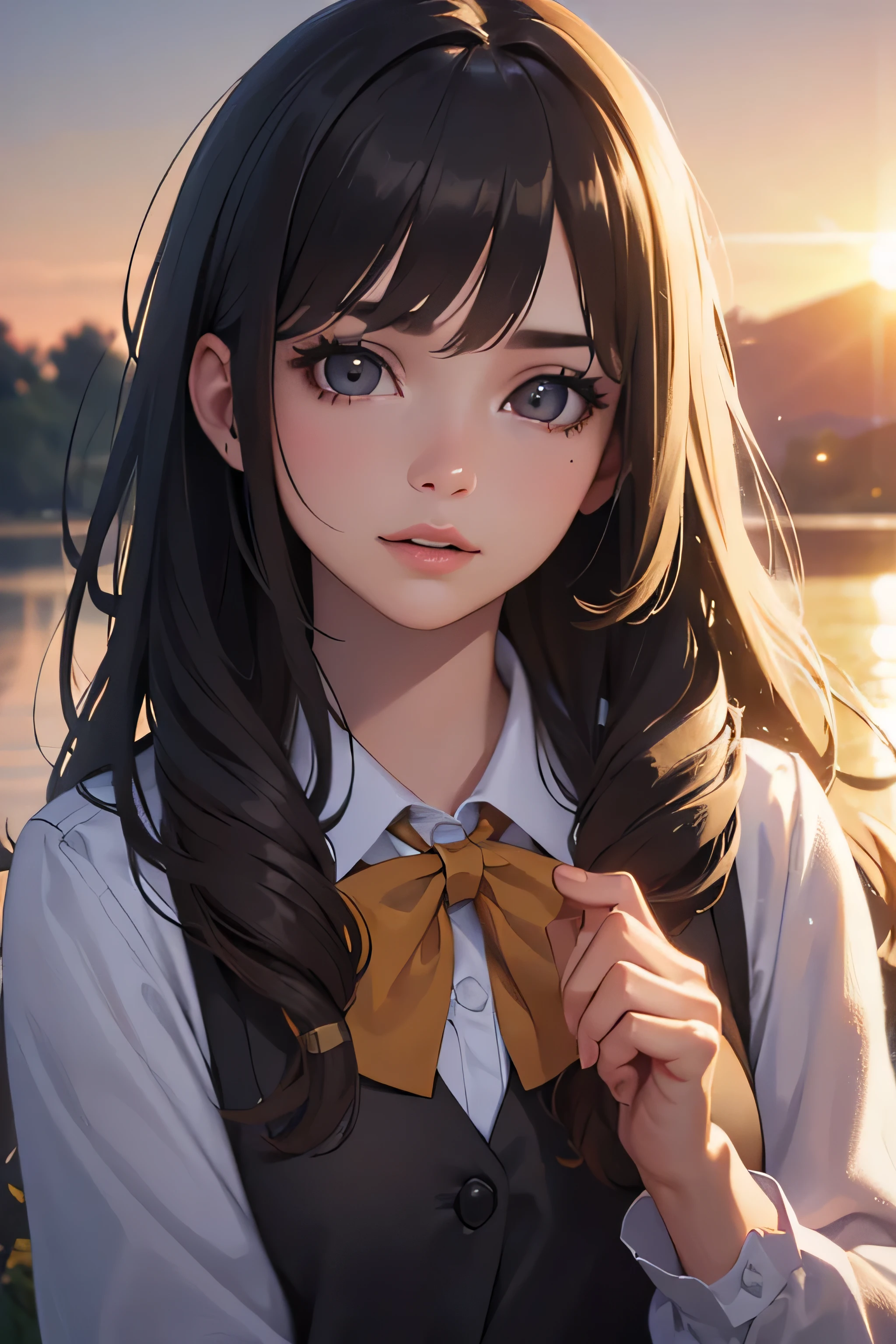 1 girl, solo, outdoor, tree, sky, grass, brown dress, wavy hair, sunset, lens flare, school uniform, long sleeves, animal nose, wind, detailed face, beautiful detailed eyes, beautiful detailed lips, extremely detailed eyes and face, long eyelashes, (best quality,4k,8k,highres,masterpiece:1.2),ultra-detailed,(realistic,photorealistic,photo-realistic:1.37),HDR,UHM,studio lighting,ultra-fine painting,sharp focus,physically-based rendering,extreme detail description,professional,vivid colors,bokeh,portraits,photography,warm color tone,soft lighting