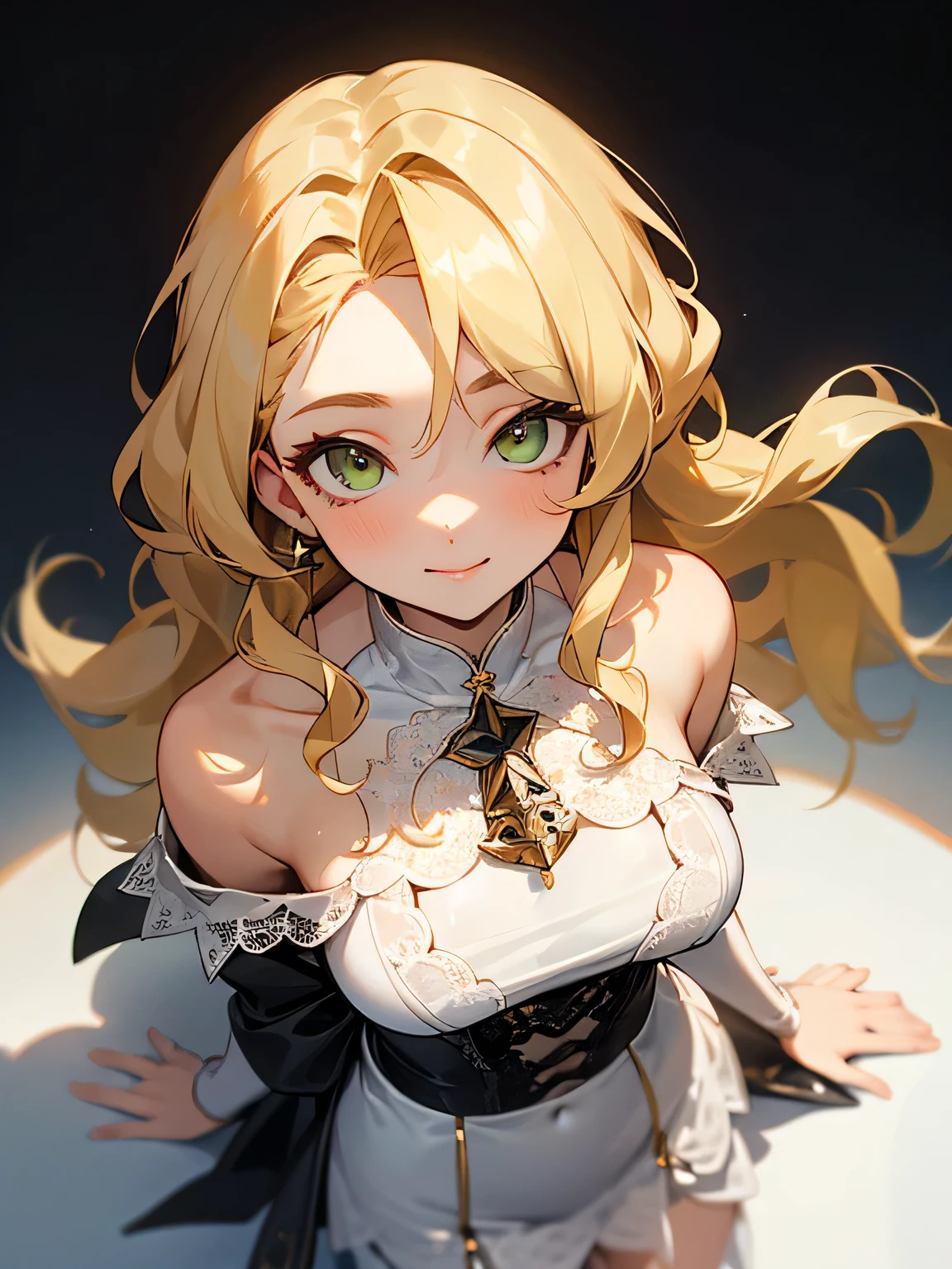 (from above:1.3),(looking at viewer:1.2),solo, upperbody, blonde wavy curly long thin hair:1.3, lime green eyes, Russian, pure smile, (stylish model pose),(offshoulder:1.2),Enchanting chest、(All white sexy givenchy Lace-updress),(I am the star):1.2, white simple background,