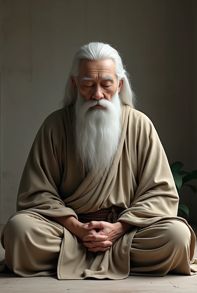 Old buddisht Monk White Beared White long Hears Close eyes sitting