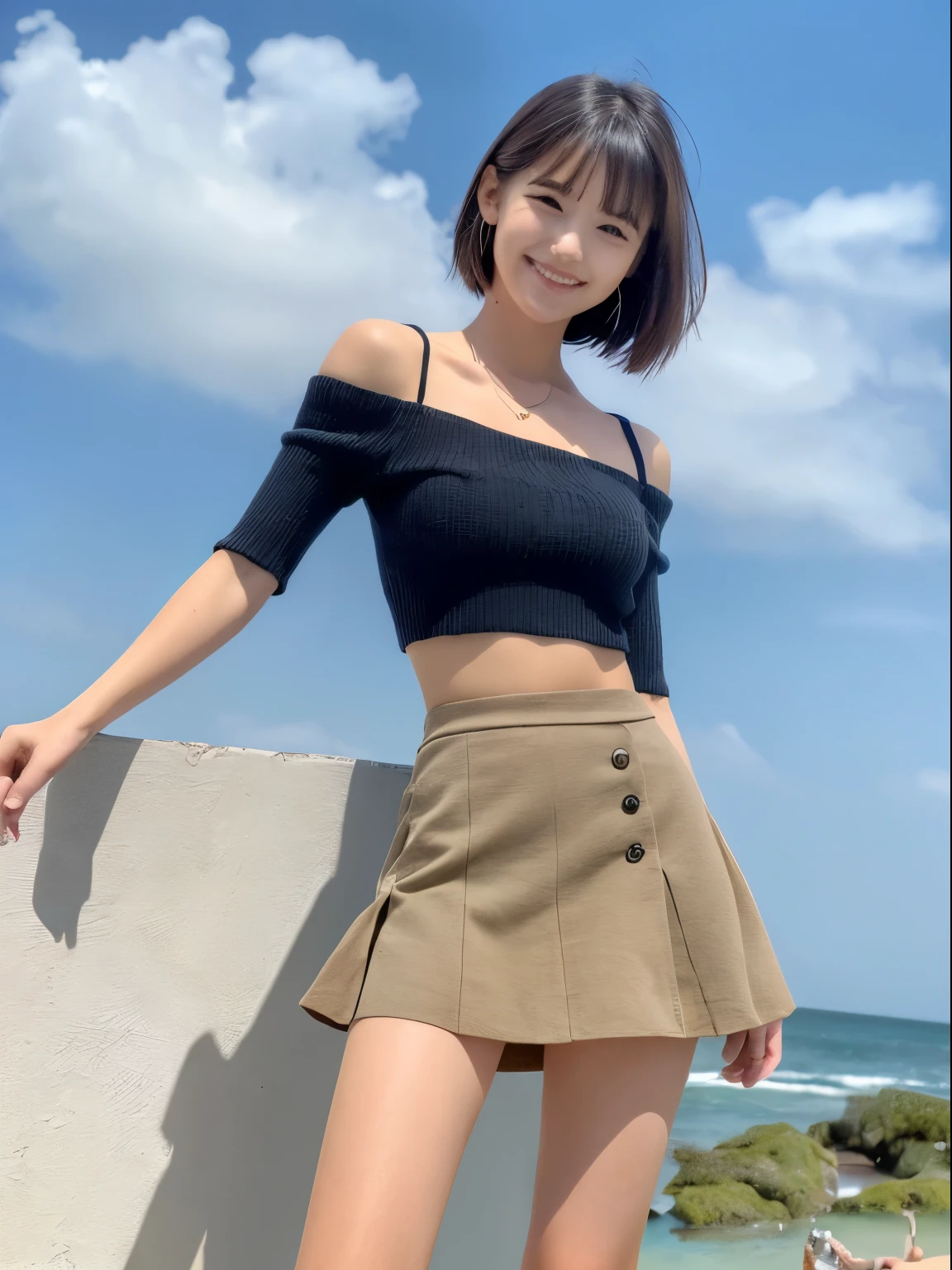 (8k, Top quality, Masterpiece:1.2), (Realistic, photo-realistic:1.37), Super detailed, perfect anatomy, cute, small eyes, 1, a Japanese, girl, mini skirt, slim legs, off shoulder, smile,