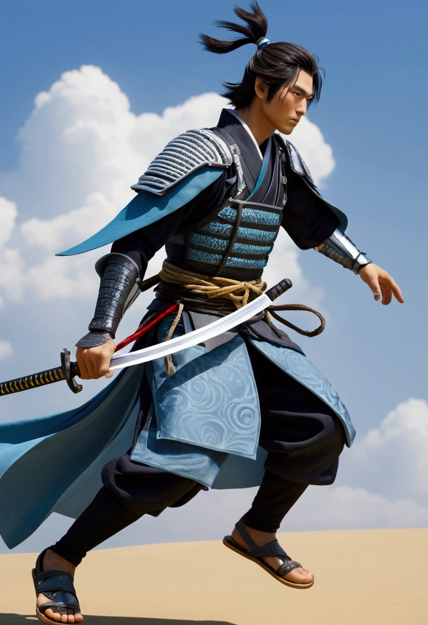 A young, agile and slender samurai, llamado Kaze Muryo, Short in stature and with a presence that evokes speed and lightness. Has a youthful and energetic appearance, with penetrating eyes that reflect deep observation and calm. He wears light armor decorated with falcon feathers in shades of sky blue and silver., complemented by a cape that seems to constantly flutter as if it were being blown by the wind.. His movements are fluid and precise.. The image should capture a sense of rapid movement and grace, with a background that suggests a natural and windy environment, perhaps with light clouds and a breeze that highlights the moving layer