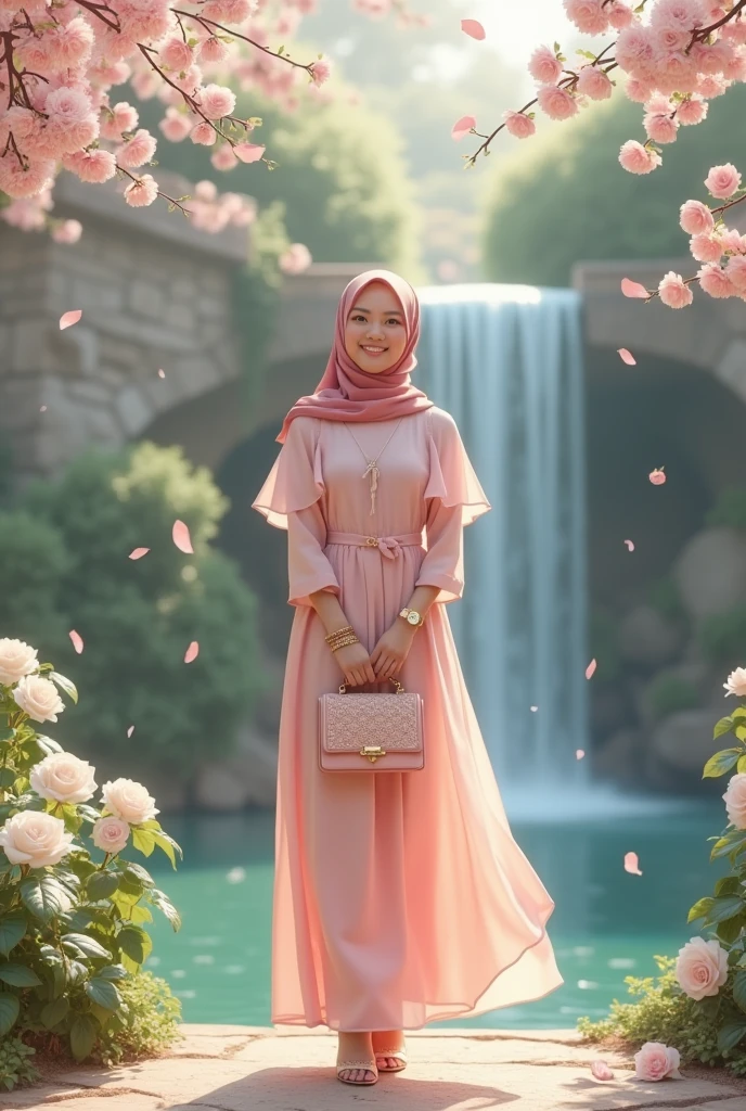 a beautiful adult girl wearing a hijab, wearing a Dutch oni chiffon blue floral dress, umbrella-shaped sleeves, wearing high-heeled sandals, wearing a bracelet and a watch, is in a flower garden, there is a waterfall, and white roses around it, there are cherry trees whose leaves are falling, scattered on the ground, smiling holding her beautiful bag
