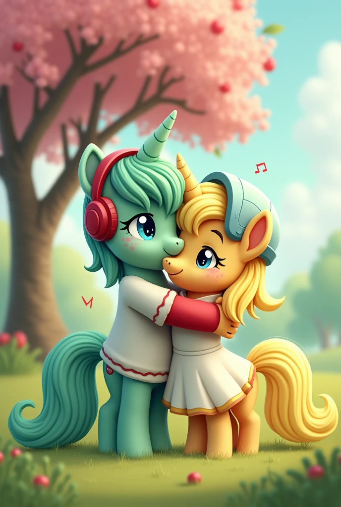Male Alicorn Pony with mint green fur and white freckles,light green hair with blue streaks and blue eyes; white sweatshirt with red sleeves,red gamer headphones; music note cutemark. Winged a female alicorn pony with yellow hair and a yellow tail,White fur,big yellow bow on the nape of the neck,yellow helmets,light blue eyes; dress with short yellow skirt. In love and hugging in a field in front of an apple tree. My Little Pony G5 style 2D image
