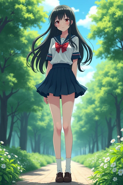 ((best quality)), ((masterpiece)), (detailed),  High school girl {{{{{whose legs are 80% of her height}}}}}, very short upper body,  {{{{{300cm}}}}},  school uniform, anime, black long hair, very sexy,  in the park,   short girl{140cm}