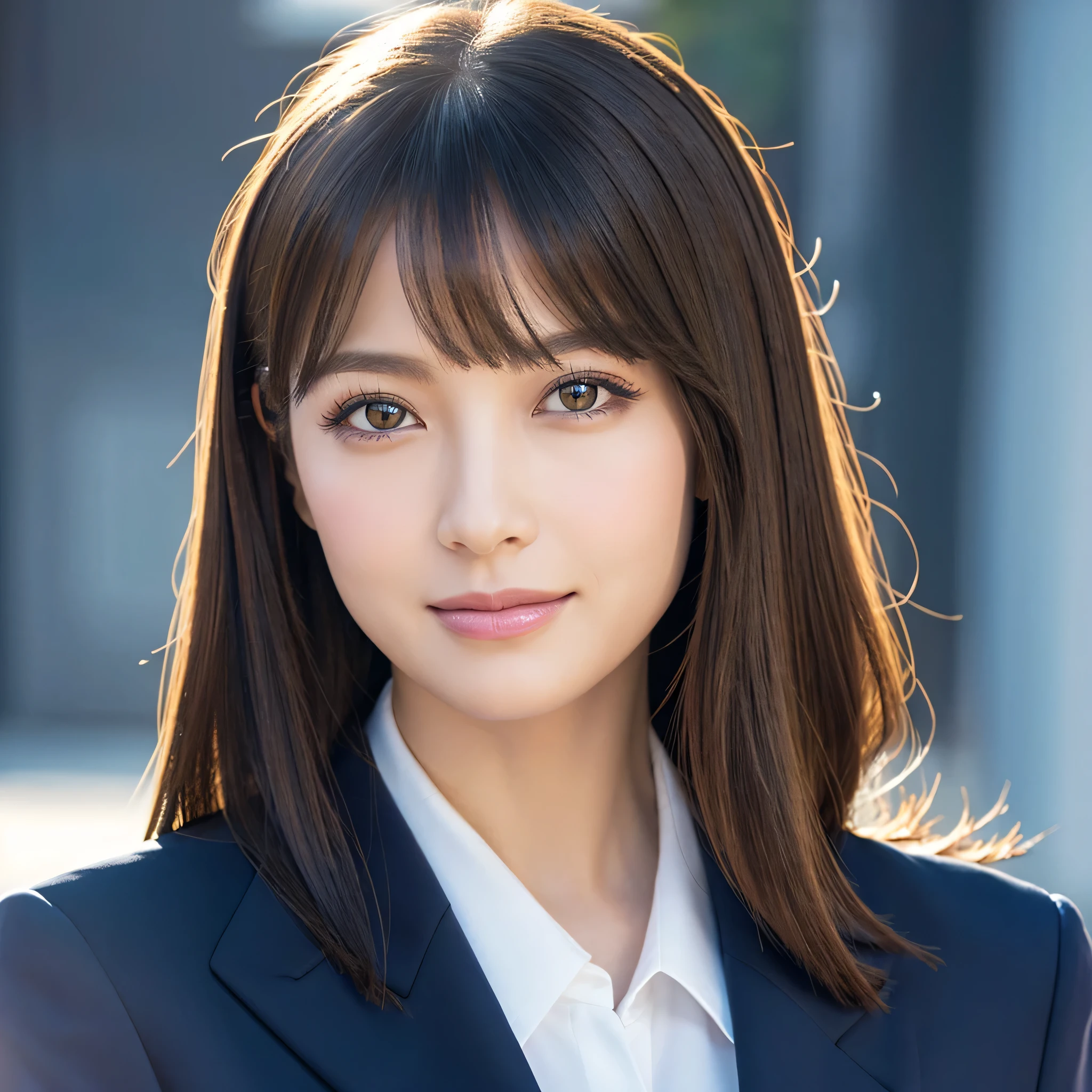 (Highest quality、Tabletop、8k、Best image quality、Award-winning works)、1 Beautiful Office Lady、Straight medium hair、(A woman in a perfect navy business suit:1.5)、Polyester shirt、(Big Breasts:1.1)、Accentuate your body lines、(The simplest solid color background:1.1)、(Perfectly fixed in front:1.2)、(A perfect depiction of a woman from the side and the front:1.2)、Beautiful and detailed、Look at me and smile、(Face close-up:1.3)、(Look at me straight in the face:1.1)、Elegant makeup、Ultra-high definition beauty face、Ultra HD Hair、Ultra-high definition sparkling eyes、Ultra-high quality glossy lips、Accurate anatomy、Very beautiful skin、Ultra-high definition, radiant skin、An elegant upright posture when viewed from the front