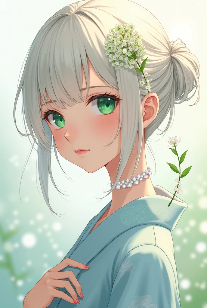 Hair: platinum 
eyes: green
Hair accessory: a lily of the valley brooch 
Costume: light blue kimono with floral pattern 
 Bracelet: white, wisteria petal pattern
 Gender: female 
age:  
small lily of the valley neck 
