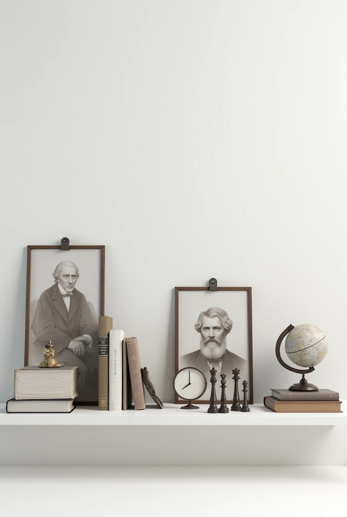 White concrete shelf background containing books,clock,world globe, chess pieces, philosophers pics 