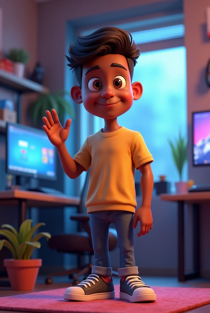 4d cartoon of a  black man who is not thin, no beard neat hair is not stylish, Clean face, Wear casual clothes, T-shirt, standing in gamer room, right hand waving, left hand attached to waist. For large and close up images. High resolution.