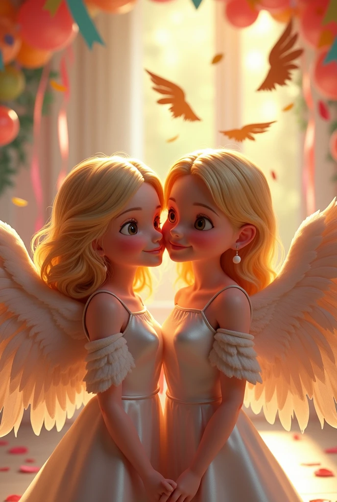 Identical twins one with wings dark blonde hair with highlights 30 birthday party decorations in background 3D Pixar Style