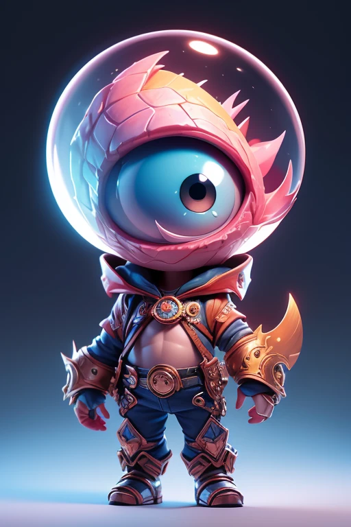 Create a monster image, a small, big-headed, monster.. The body is transparent and can be seen through. The image is sharp and detailed., with beautiful colors.. With arms, leg, eyes, mouth, พื้นหลังสีlegว