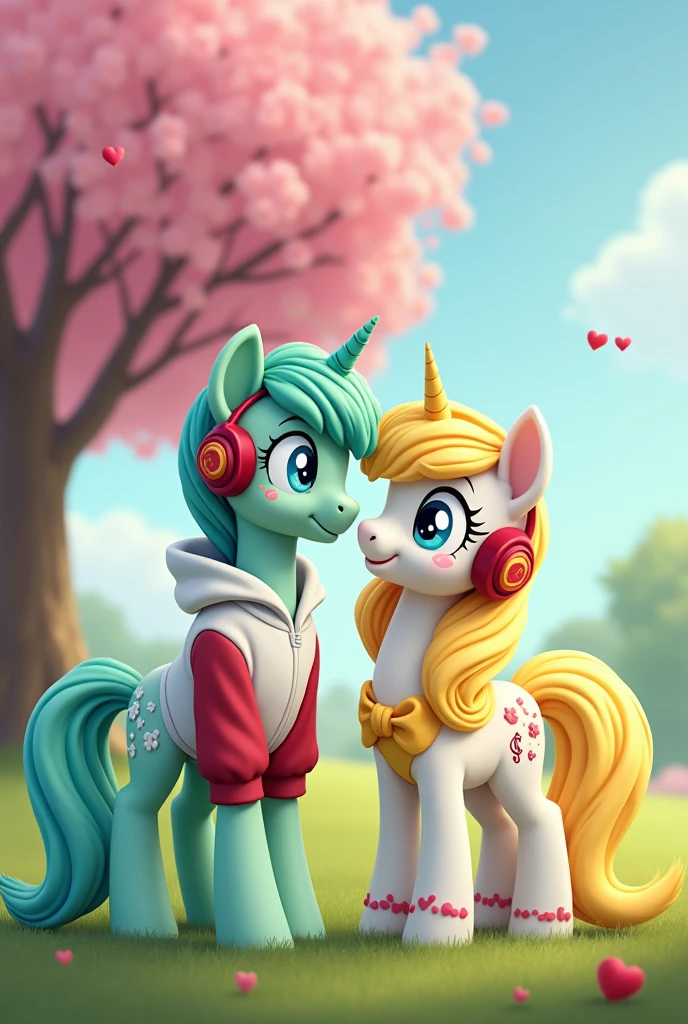 Male Alicorn Pony with mint green fur and white freckles,light green hair with blue streaks and blue eyes; white sweatshirt with red sleeves,red gamer headphones; music note cutemark. Winged a female alicorn pony with yellow hair and a yellow tail,White fur,big yellow bow on the nape of the neck,yellow helmets,light blue eyes; dress with short yellow skirt. Lovers in a field in front of an apple tree. My Little Pony G5 style 2D image