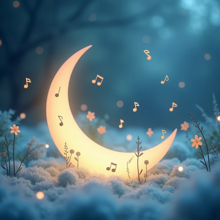 Musical notes, crescent moon, background only, cute
