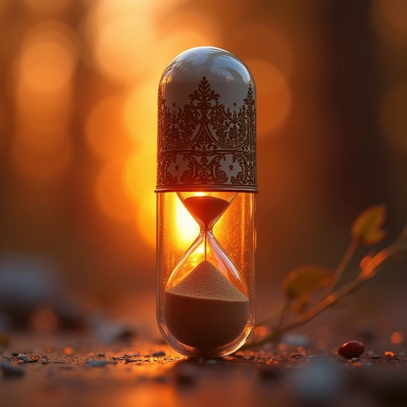 one (((pill capsule))) with one (((transparent inner shell))) that subtly incorporates the silhouette of a ((hourglass with its intricate details and ornate patterns)) while the lid design reflects the (soft glow of the sunset behind her), displaying (((vivid contrasting colors of dark amber and light amber))) that blend beautifully with the (distinct bright orange hue) from the surface of the hourglass. or (minimalist design) the cap is elegant and modern,or ((modern and elegant design)) of the cap incorporates (((a silhueta icônica de uma hourglass with its intricate details and ornate patterns))), displaying seu (vivid contrast against the (amber background of the setting sun and the soft shadows it casts on the surroundings. or design moderno do boné é elegante e minimalista, with emphasis on the hourglass shape and the (amber tones that convey a sense of warmth and nostalgia
