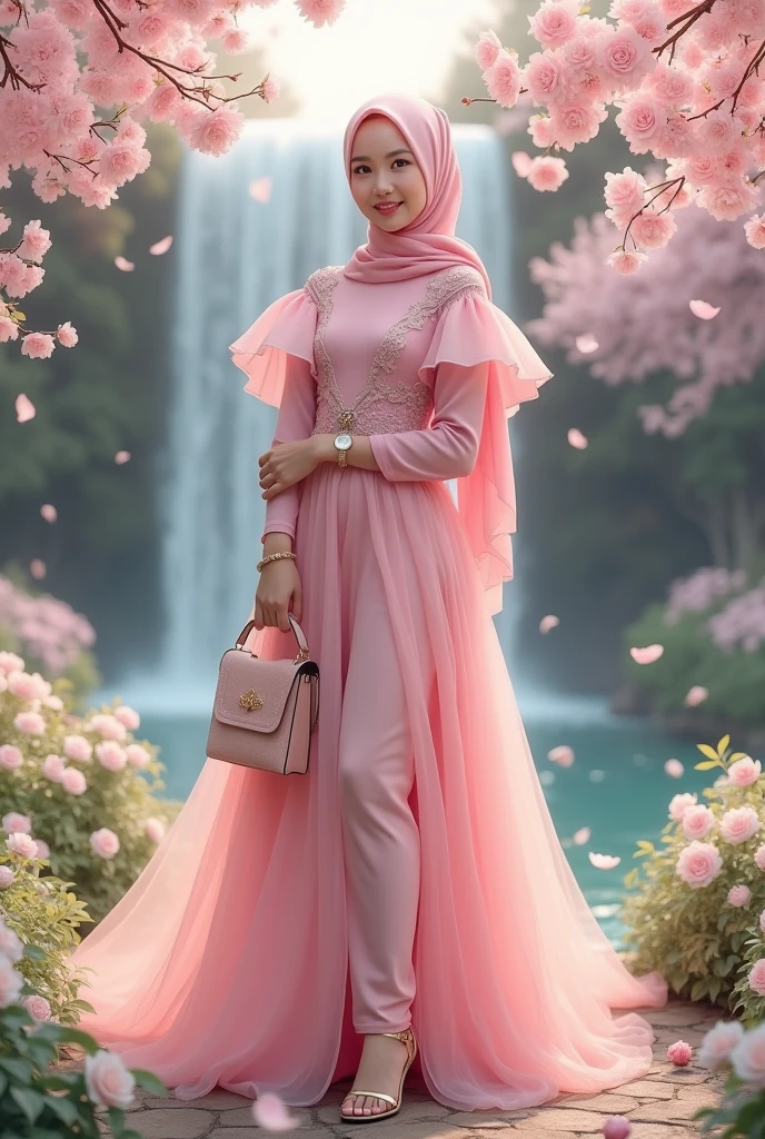 a beautiful adult girl wearing a hijab, wearing a Dutch oni pink dress, umbrella-shaped sleeves, wearing high-heeled sandals, wearing a bracelet and a watch, is in a flower garden, there is a waterfall, and white roses around it, there are cherry trees whose leaves are falling, scattered on the ground, smiling holding her beautiful bag