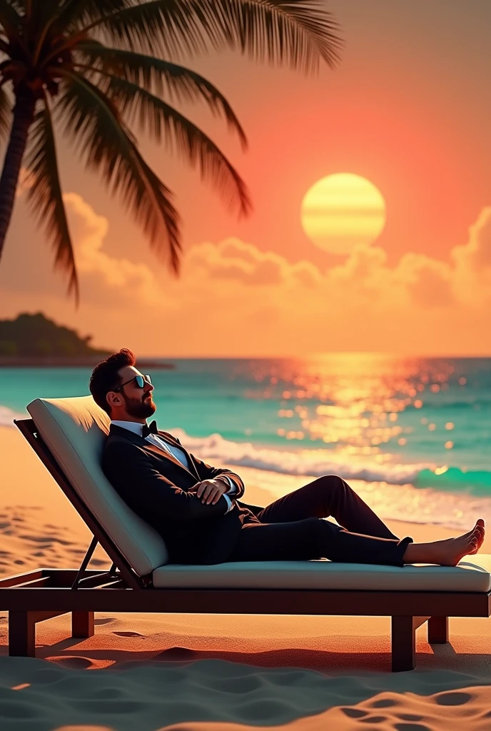 Messi as a rich person. Messi is laying in a beautiful sea beach in time of sunset.sun must be red and big