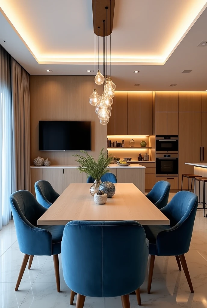 A modern dining room integrated into a kitchen, with elegant design and luxurious touches. The rectangular light wood dining table is surrounded by blue upholstered chairs, creating a sophisticated contrast. Acima da mesa, a glass chandelier with several hanging bulbs illuminates the space elegantly. The kitchen in the background has wood cabinets and stainless steel appliances., with a white marble countertop. The wall next to the table is covered in wood, with a flat-screen TV mounted above a minimalist rack decorated with vases and design items. Indirect lighting built into the ceiling enhances the welcoming and contemporary atmosphere of the space.. Long, translucent curtains cover the window, softening the natural light entering the room