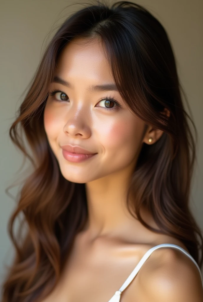 Please generate an image of a young Filipina woman wearing a t shirt and a necklace. She has brown hair, big, black eyes, and has a young looking skin and the skin is howong and glass skin effectt. The selfie should show her without visible makeup, and she should be looking directly into the camera. The face should appear realistically natural. The face should be good for promoting skin care products like the rose water. The full-body shot of this attractive woman should feature a striking pose, and she has piercing black eyes. The girl has a sweet demeanor, and the pose should also be sweet. Please ensure that the entire body of the woman is visible in the image. The background should be showing like shes promoting skin care products. The details of the image should be of high quality(best quality)), ((masterpiece)), (detailed), perfect face, Filipina, pinay