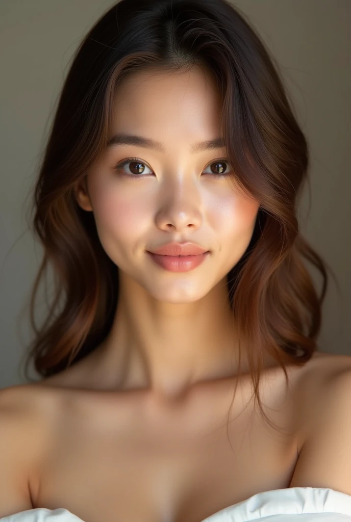 Please generate an image of a young Filipina woman wearing a t shirt and a necklace. She has brown hair, big, black eyes, and has a young looking skin and the skin is howong and glass skin effectt. The selfie should show her without visible makeup, and she should be looking directly into the camera. The face should appear realistically natural. The face should be good for promoting skin care products like the rose water. The full-body shot of this attractive woman should feature a striking pose, and she has piercing black eyes. The girl has a sweet demeanor, and the pose should also be sweet. Please ensure that the entire body of the woman is visible in the image. The background should be showing like shes promoting skin care products. The details of the image should be of high quality(best quality)), ((masterpiece)), (detailed), perfect face, Filipina, pinay