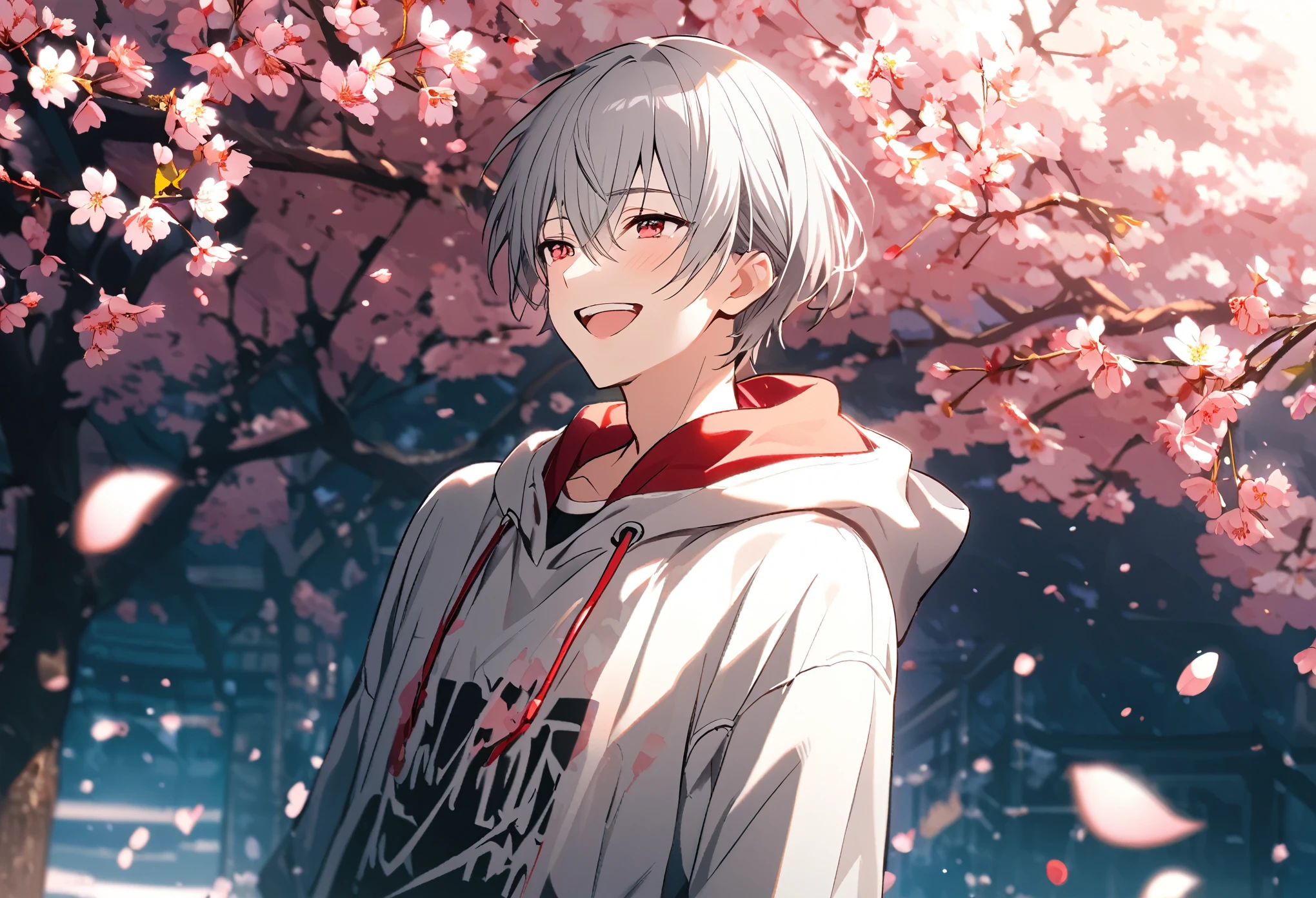 good looking, alone, 1 male, Gray Hair, Red eyes, shirt, Black and white hooded, noon, White Light,cute目,Short hairstyle,cute,Falling from the sky,綺麗なspringの空,a lot of cherry blossom,spring,flower,Glittering scenery,bright,looking at the camera,smile,laughing
