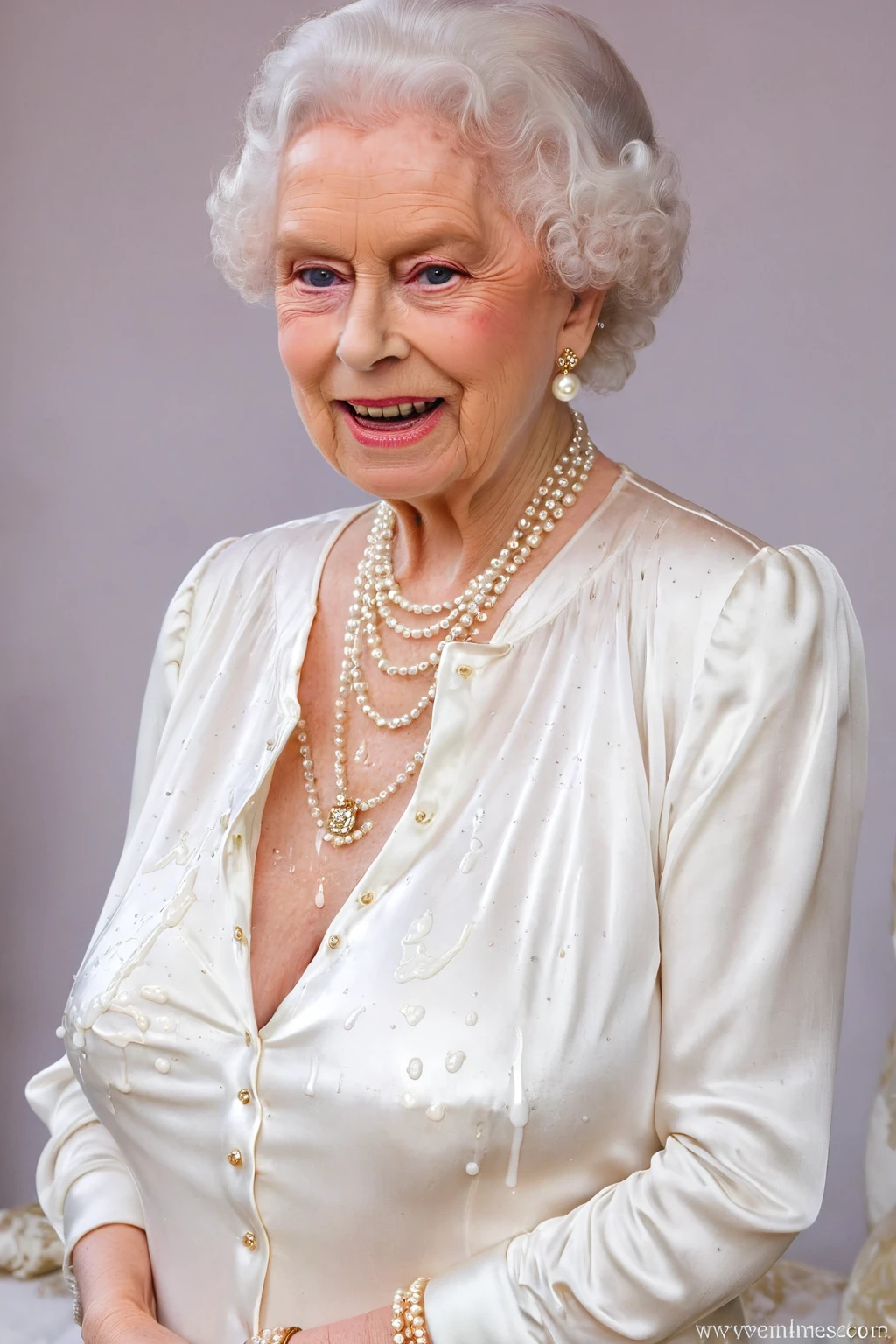 mid-shot of (queen elizabeth 80yo:1.2) with (busty saggy breast:1.4), she is wearing a (white silk blouse:1.4) and (covered in cum on blouse:1.4) with a pearl necklace. 