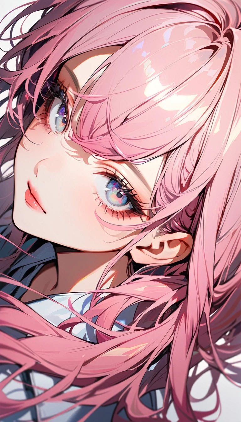 1woman, solo, pink hair, gray eyes, detailed eyes, eyelashes, light lips, 25years old, キス待ち顔, upper body, from above