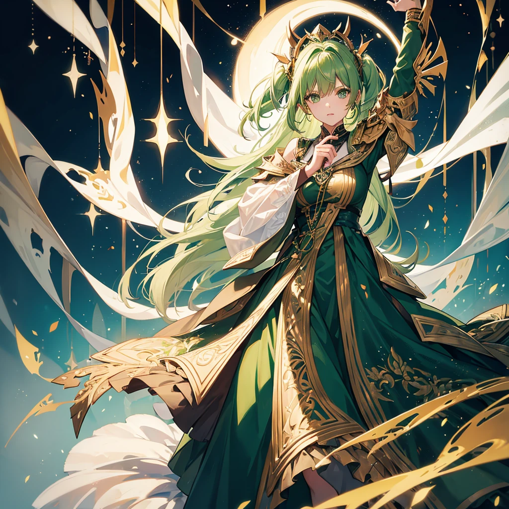 woman,green hair,green eyes,green dress,Apocalypse style outfit
