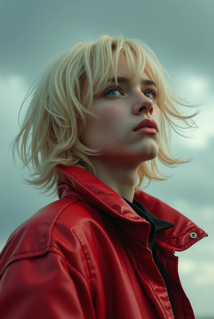 Boy with depression(Blonde、Odd Eye)、Japanese、Beautiful Boy、Long Hair、Red high fashion brand jacket set、Genuine、Contrail、Look up at the sky、cloudy、Highest quality、masterpiece、Studio Lighting(Multiple lights、Color Filter、Beautiful light)、whole body、Contemporary dance-like movements、
