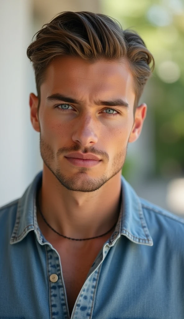 A handsome boy 20 years old wearing jeans with
Short hair with slick back hair model . but still easy to manage. Skin-wise a bit tanned. Nothing too extreme, just enough to have a bit of a golden touch. And deep blue eyes.
