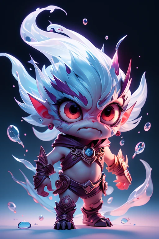 Create a monster image, a small, big-headed, baby monster.. The body is transparent and can be seen through. The image is sharp and detailed., with beautiful colors.. With arms, leg, eyes, mouth, พื้นหลังสีlegว